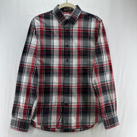 Express Other - Express Shirt Mens M 15-15.5 Fitted Plaid Button Up Long Sleeve Cotton Red Gray